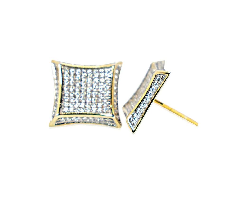 Mens 14K Gold Plated 925 Sterling Silver Iced CZ Earrings 14mm